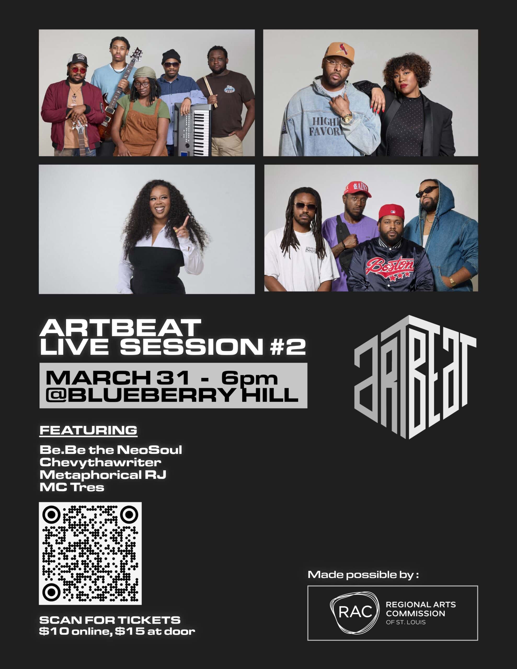 Event flyer for Artbeat Live Session #2 at Blueberry Hill on March 31, 6pm, featuring four group photos of performers and event details, with a QR code for tickets and sponsor logos at the bottom.