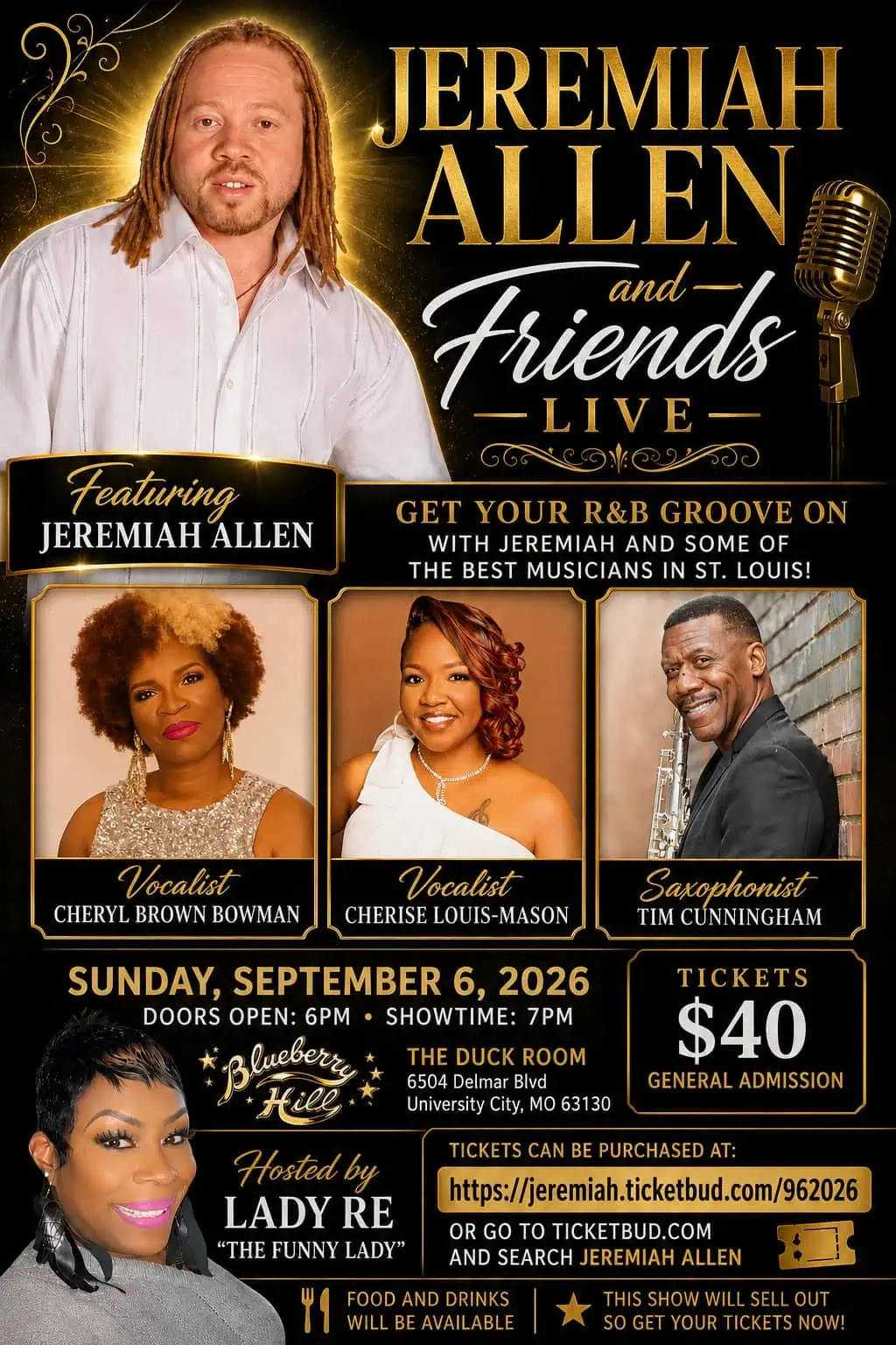 Concert poster for Jeremiah Allen and Friends Live featuring Jeremiah Allen, two vocalists, and a saxophonist, with ticket info, date (Sept 6, 2026), location, and host Lady Ree.